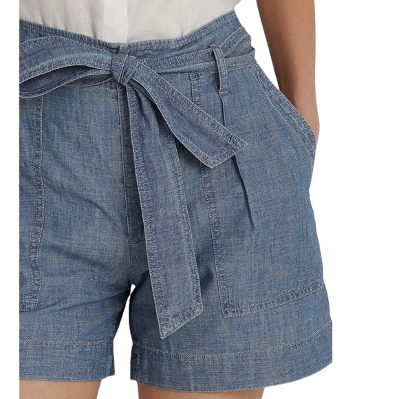 Lauren Ralph Lauren Belted Cotton Chambray Shorts 4.5" Inseam Classy NEW Size 16 - Picture 2 of 7